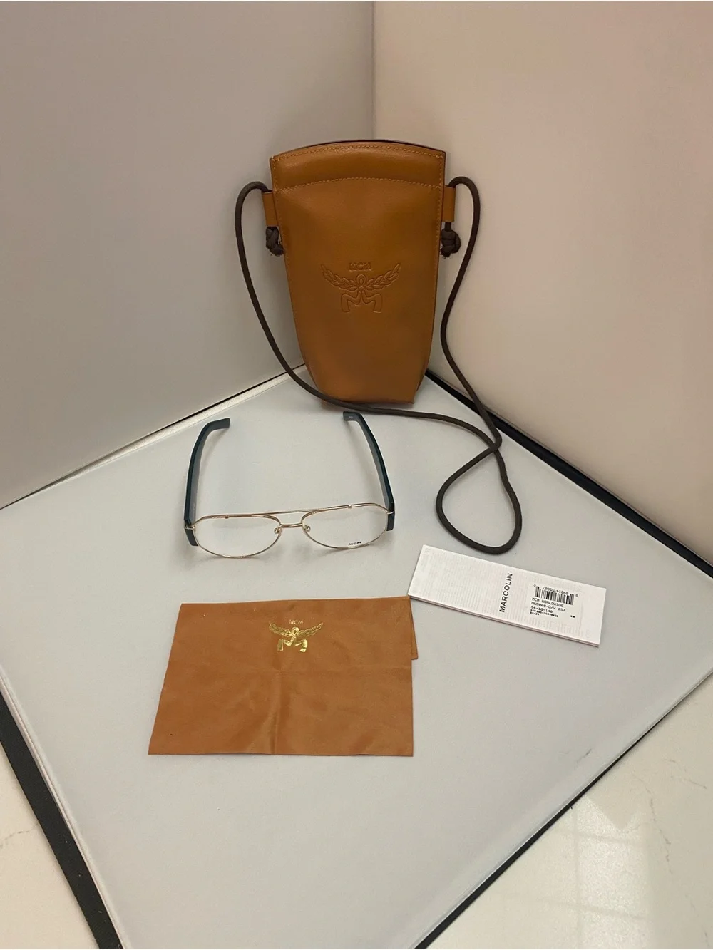 MCM MW5001 Aviator Glasses with Tan Leather Crossbody Case & cloth,nwot